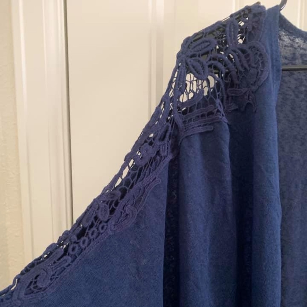 Tashon Navy Blue Lace Shoulder Kimono Open Front Cardigan Shrug Bolero Missy OS - Picture 5 of 7